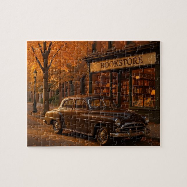 Puzzle Librería vintage de otoño & coche (Horizontal)