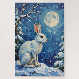 Puzzle Liebre ártica vintage en Navidad con luz de luna i