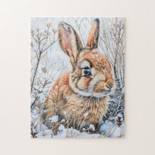 Puzzle Liebre pequeña en campo nevado. Conejo Bunny