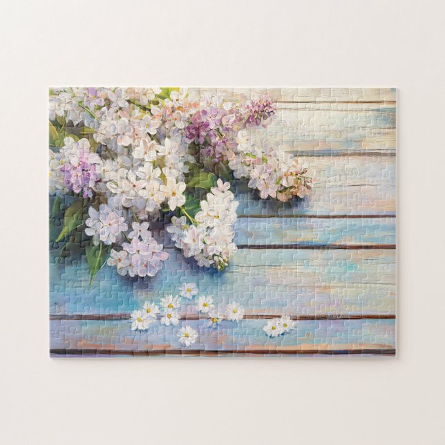 Puzzle Lilacs y Daisies en la madera Pastel (Horizontal)