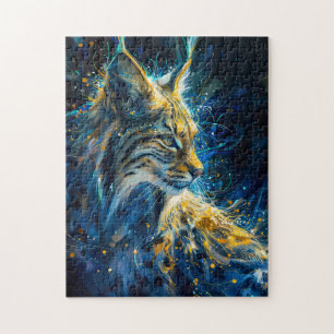 Puzzle lince gato bañado en luz neón azul amarillenta