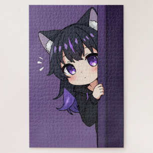 Puzzle Linda Neko Chibi Curiosa – Gato Chica Morado Tímid