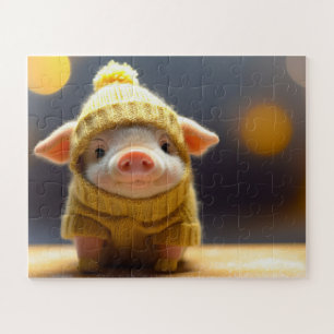 Puzzle lindo cerdo con traje de punto en invierno