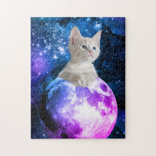 Puzzle Lindo Gatito En La Luna, Estrellas Brillantes, Uni