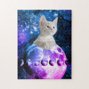 Puzzle Lindo Gatito En La Luna Estrellas Brillantes Unive
