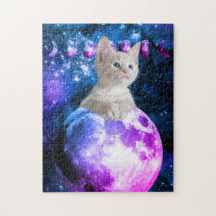 Puzzle Lindo Gatito En La Luna Estrellas Brillantes Unive