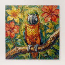Puzzle Lindo loro de impasto colorido y flor tropical