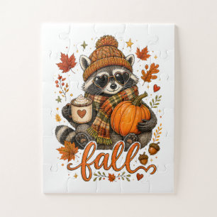 Puzzle Lindo mapache de otoño calabaza café de otoño