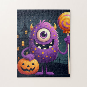 Puzzle Lindo monstruo morado pidiendo dulces