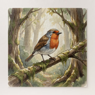 Puzzle Lindo pájaro petirrojo en un viejo bosque