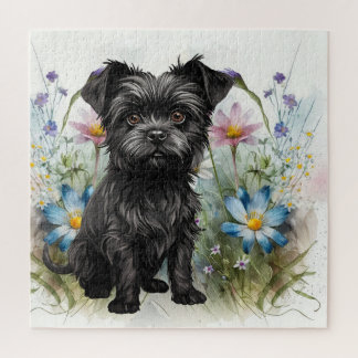 Puzzle Lindo perro Affenpinscher en un campo de flores si