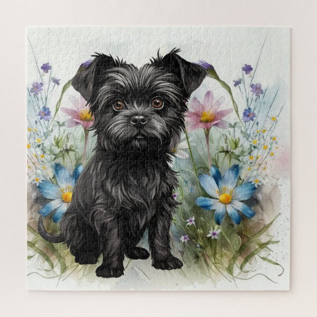 Puzzle Lindo perro Affenpinscher en un campo de flores si (Vertical)