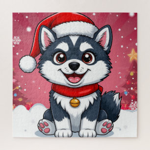 Puzzle Lindo perro Husky con sombrero de Santa en la niev