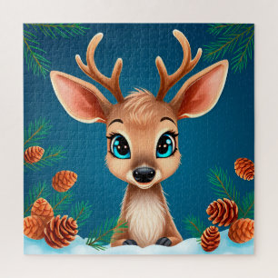 Puzzle Lindo reno de dibujos animados en invierno con piñ