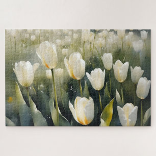 Puzzle Lindos tulipanes blancos jardín pintura acuarela