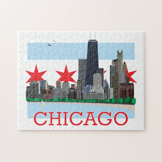 Puzzle Línea aérea de Chicago y bandera de la ciudad (Horizontal)