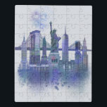 Puzzle Línea aérea de Nueva York - Azul acuarela<br><div class="desc">Colores de agua en el horizonte de Nueva York,  azul por Fab Funky. Presenta famosos monumentos de la ciudad de Nueva York en un estilo acuático.</div>