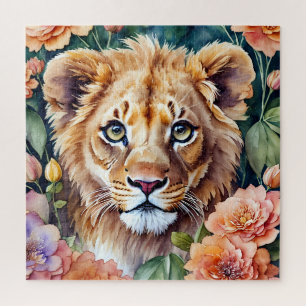 Puzzle Lion Cub Floral Watercolor Retrato Arte