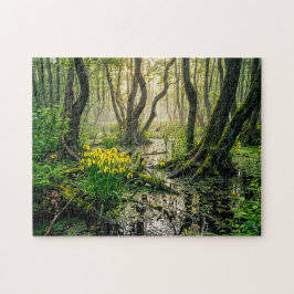 Puzzle Lirios amarillos en pantano con grulla