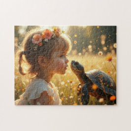 Puzzle Little girl and the turtle in the wildflowers