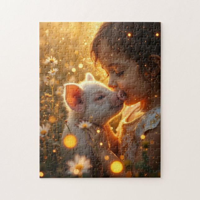 Puzzle Little girl with her pet pig (Vertical)