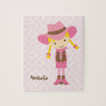 Puzzle Little Pink Cowgirl {blonde}<br><div class="desc">Custom jigsaw puzzle features a beautiful vector illustration of a little cowgirl on a pink horseshoes pattern background. 
 Personalize with your little girl's name,  monogram,  initials,  or text of your choice for a one of a kind gift. 
 Cocoa Studio.</div>