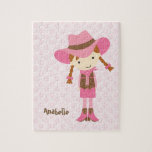 Puzzle Little Pink Cowgirl {redhead}<br><div class="desc">Custom jigsaw puzzle features a beautiful vector illustration of a little cowgirl on a pink horseshoes pattern background. 
 Personalize with your little girl's name,  monogram,  initials,  or text of your choice for a one of a kind gift. 
 Cocoa Studio.</div>