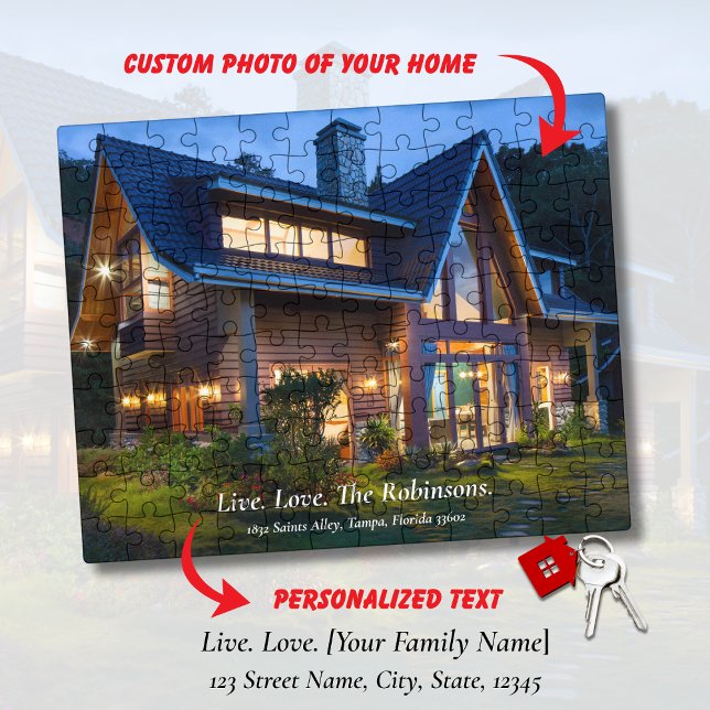 Puzzle Live. Love. [Family Name] New Home Photo & Address (Housewarming Gift, New Home, Real Estate Gift Custom House Photo Personalized Text & Address )