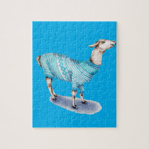 Puzzle Llama acuarela en suéter azul