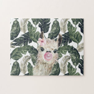 Puzzle Llama de acuarela adorable   Monstera tropical