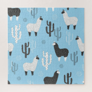 Puzzle Llama y cactus, lindo patrón.