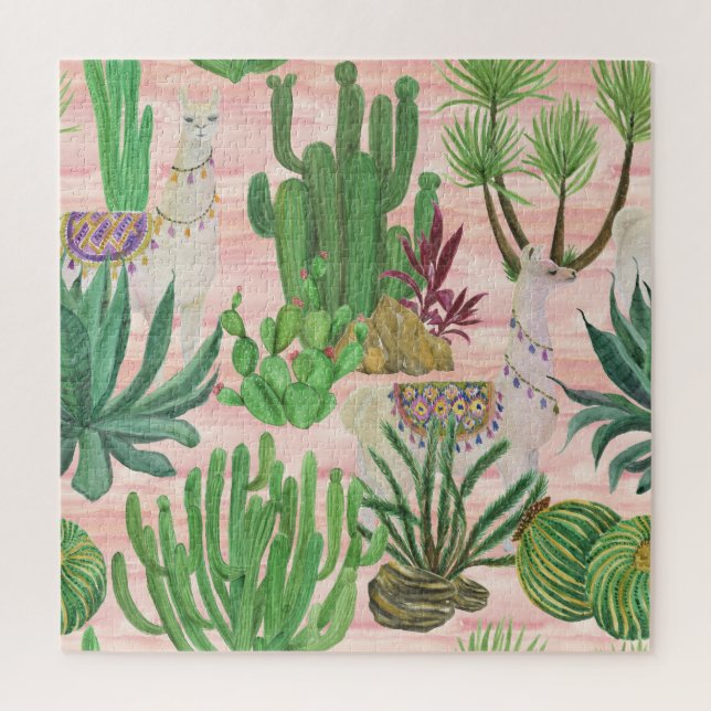 Puzzle Llamas acuarelas y patrones de cactus. (Vertical)