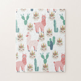 Puzzle Llamas rosadas lindas y cactus verdes