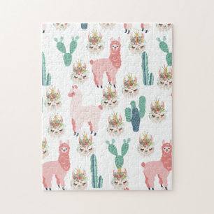 Puzzle Llamas rosadas lindas y cactus verdes