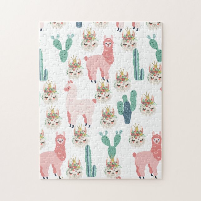 Puzzle Llamas rosadas lindas y cactus verdes (Vertical)