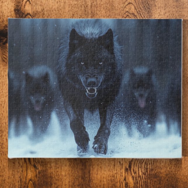 Puzzle Lobo alfa negro corriendo en la nieve (Subido por el creador)