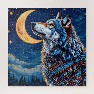Puzzle Lobo bajo la luna creciente de noche