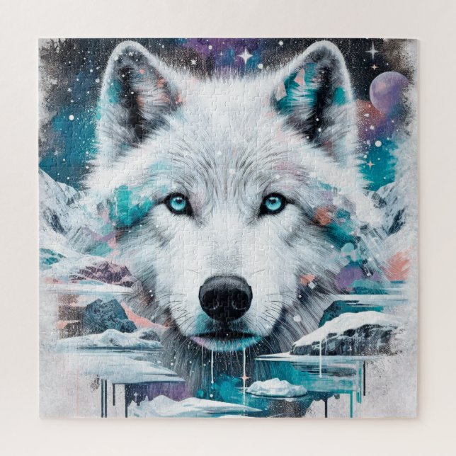 Puzzle Lobo Blanco Místico en Galaxia Congelada (Vertical)