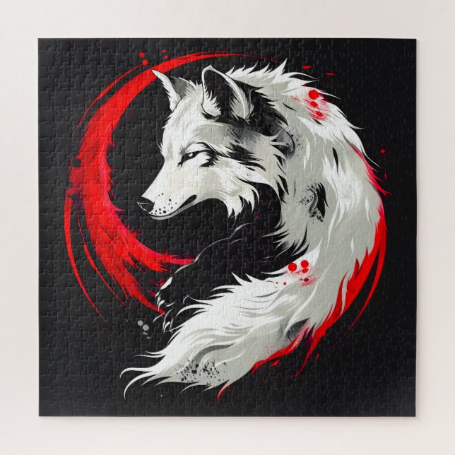 Puzzle Lobo blanco rojo lunar (Vertical)