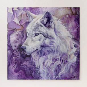 Puzzle Lobo Blanco sobre Abstracto Púrpura