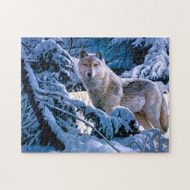 Puzzle Lobo en la pintura del bosque de invierno (Horizontal)