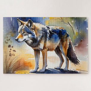 Puzzle Lobo en una pintura de acuarela del bosque