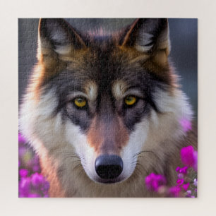 Puzzle Lobo joven en flor rosa fucsia