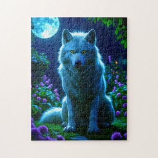 Puzzle Lobo majestuoso en un jardín místico iluminado por