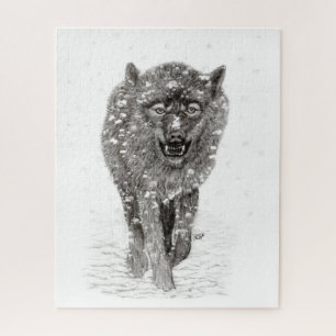 Puzzle Lobo negro enojado en la nieve, invierno salvaje