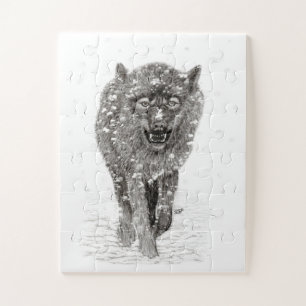 Puzzle Lobo negro enojado en la nieve, invierno salvaje