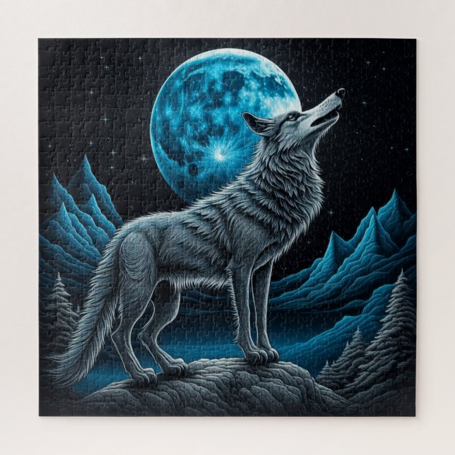 Puzzle Lobo parado frente a la luna llena | Arte de IA (Vertical)