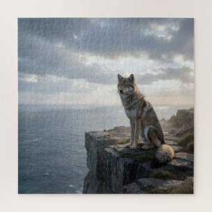 Puzzle Lobo solitario se sienta en un acantilado rocoso s