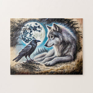 Puzzle Lobo y cuervo en roca bajo luna llena