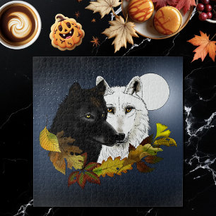 Puzzle Lobos Blanco Negro Luz de Luna Hojas de Otoño